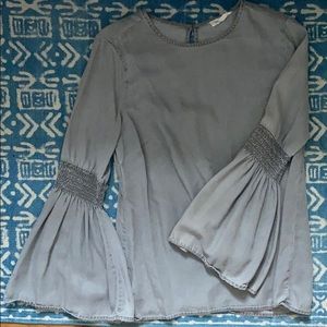Smocked Bell Sleeve Denim Shirt